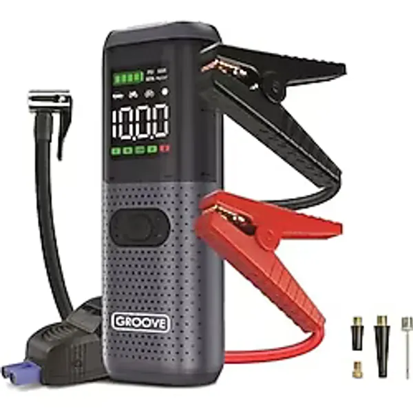 GROOVE HCB002 24400mAh 3000A Tepe Akımı Profesyonel Akü Takviye Cihazı + Lastik Şişirme Kompresörü Taşınabilir Jump Starter (Kompresör+Powerbank+Led Lamba+LCD Ekran) Benzinli ve Dizel Araçlar için