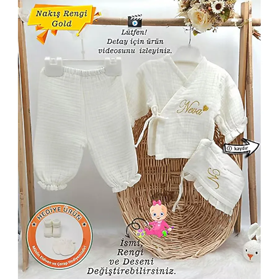 gros shop Yeni Doğan Müslin 3'li Kimono Bağcıklı Tulum %100 Pamuk Organik (Kişiye Özgü İsimli Nakış Desenli)