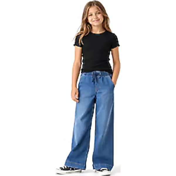 GULLİS KİDS Kız Çocuk Beli Lastikli Bağcıklı Bol Paça Kot Pantolon Mavi