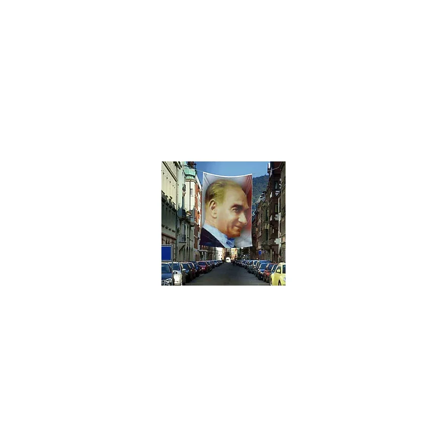 Gülümseyen Mustafa Kemal Atatürk Yan Portre Poster Cephe Bayrağı - 4x6 Metre