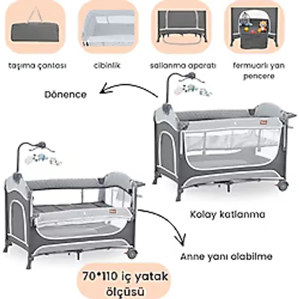 Gulz Atlas Plus Anne Yanı Sallanır Cibinlikli Dönenceli Oyun Parkı Park Yatak Bebek Beşik 70 x 110 cm - Dark Gray