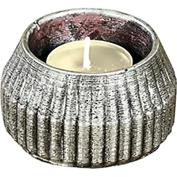 Gümüş Eskitme Mumluk Şamdan Tealight Mum Uyumlu Çizgili Model - Gümüş