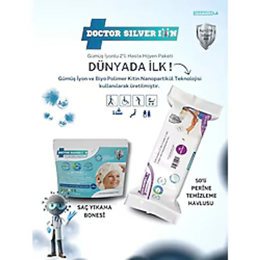 Gümüş İyonlu 2'li Hasta Hijyen 50'li Perine Islak Mendili ve Saç Yıkama Bonesi Temizlik Seti