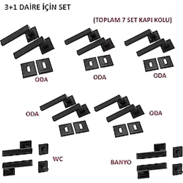 Gümüş Lama Kare Rozetli Kapı Kolu 7'li Set (3+1 Daire İçin Geçerli) Siyah