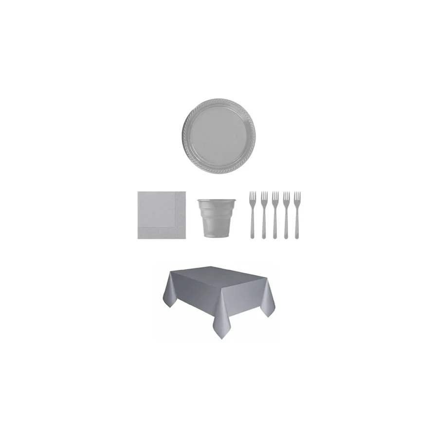 Gümüş Renk Plastik Tabak, Bardak, Çatal, Peçete Ve Tek Kullanımlık Masa Örtüsü Seti