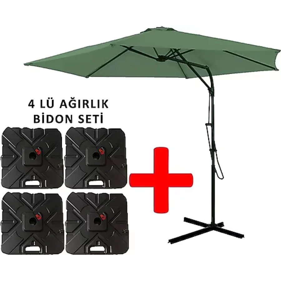 Gunbo Home 3 Mt Şemsiye + 4 Lü Ağırlık Seti Havuz Şemsiyesi Bidonlu, Bahçe Şemsiyesi, Teras Şemsiyesi Set Koyu Yeşil