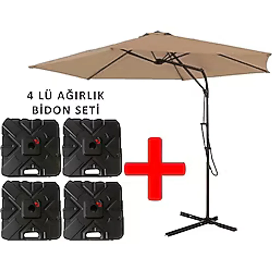 Gunbo Home 3 Mt Şemsiye + 4 Lü Ağırlık Seti Havuz Şemsiyesi Bidonlu, Bahçe Şemsiyesi, Teras Şemsiyesi Set Krem