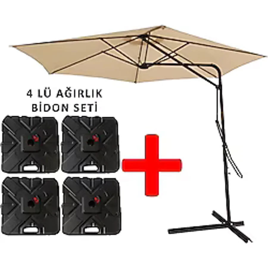 Gunbo Home 3 Mt Şemsiye + 4 Lü Ağırlık Seti Havuz Şemsiyesi Bidonlu, Bahçe Şemsiyesi, Teras Şemsiyesi Set Bej