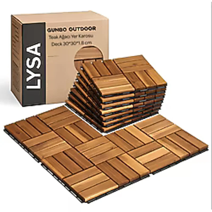 GUNBO OUTDOOR Teak Ağacı Yer Karosu 9 Adet 1 Koli Bahçe Banyo Deck Ahşap Karo Masif Yer Döşemesi Balkon Deck