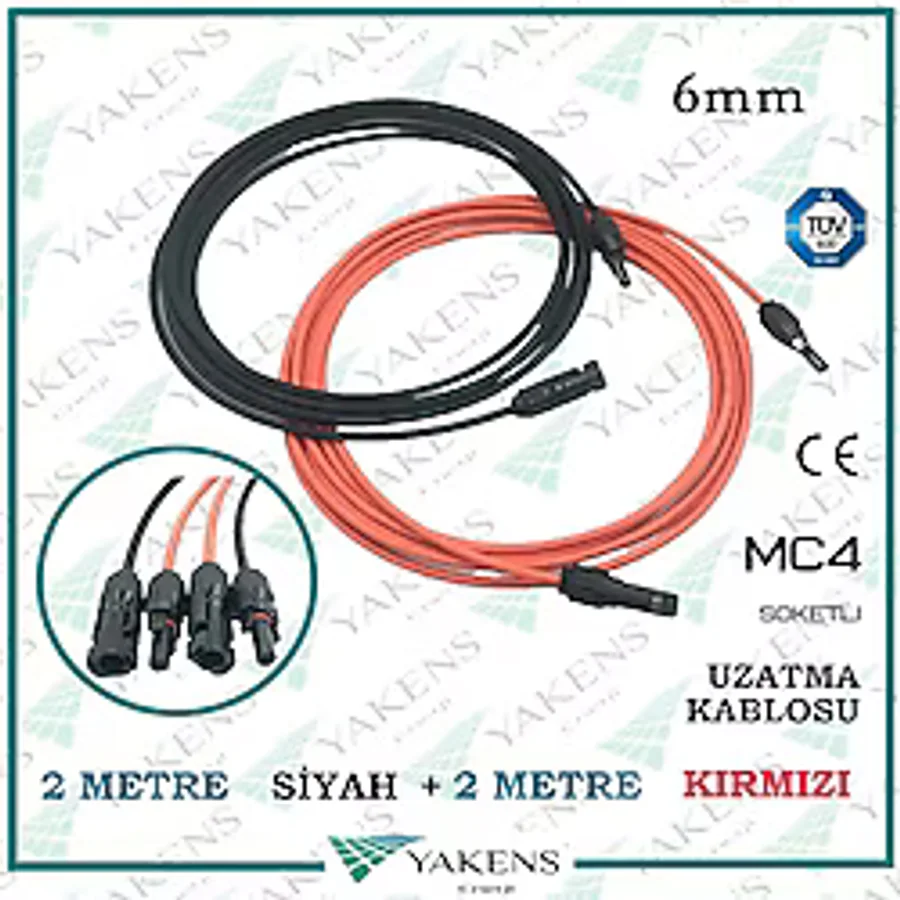 Güneş Paneli Uzatma Kablosu (2m+2m) 6mm Çift Taraflı Mc4 Soketli Solar Ara Kablo Siyah Kırmızı