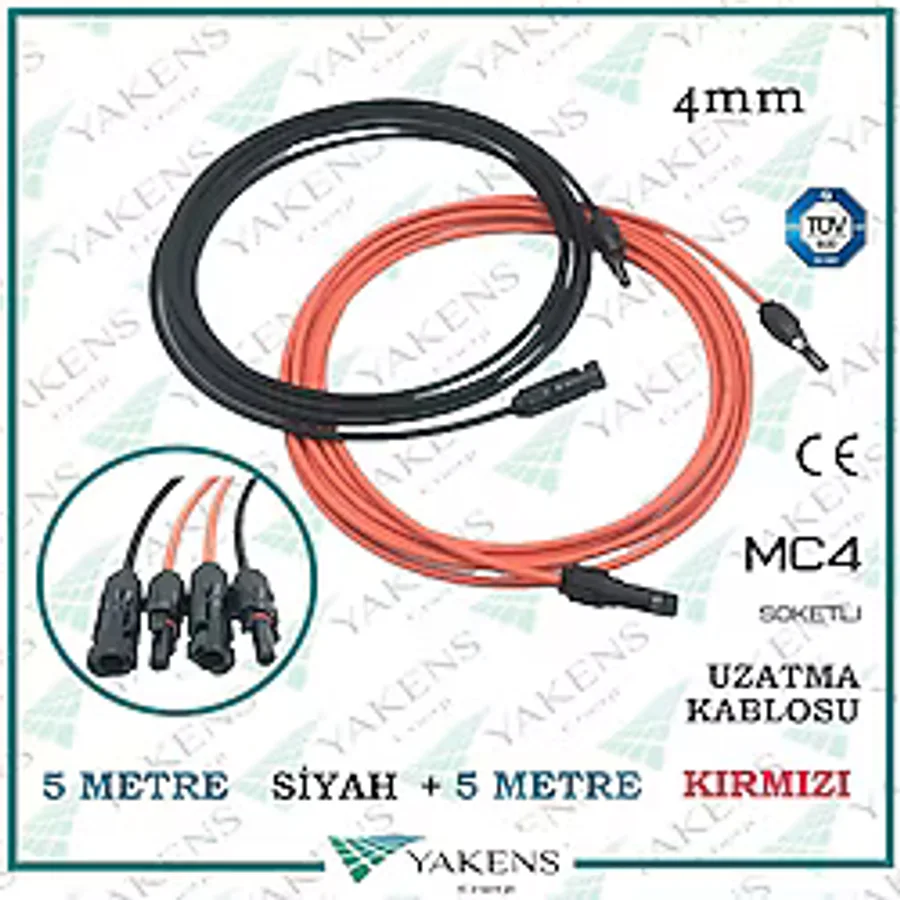 Güneş Paneli Uzatma Kablosu (5m+5m) 4mm Çift Taraflı Mc4 Soketli Solar Ara Kablo Siyah Kırmızı