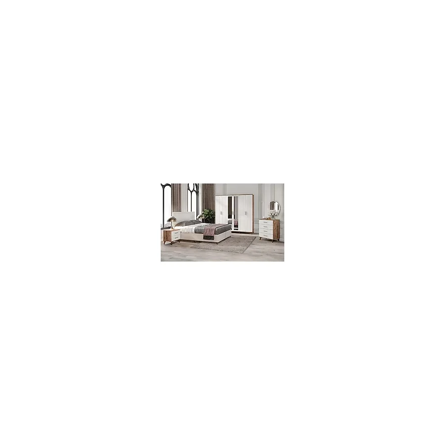 Guneystore Ücretsiz Montaj - 100% MDF Paris 6 Kapaklı Atlantik Çam-Beyaz Yatak Odası Takımı (Bazalı) - MDF Dolap - Elbise Dolabı - Atlantik Çam - Beyaz