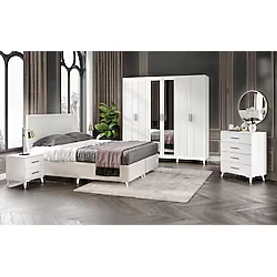 GuneyStore Ücretsiz Montaj - %100 MDF Paris 6 Kapaklı Beyaz Yatak Odası Takımı Bazalı