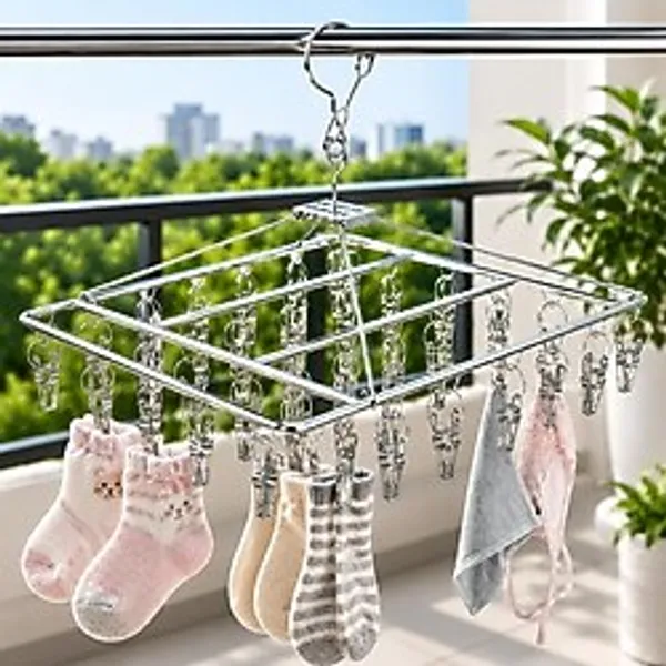 Gy Atelier Tech 30 Mandallı Metal Çorap Kurutma Askısı, Paslanmaz Çelik Dikdörtgen Çamaşır Kurutma Rafı, Iç Çamaşırı, Sütyen, Bebek Kıyafeti ve Küçük Çamaşırlar İçin Yer Tasarruflu Damlama Askısı