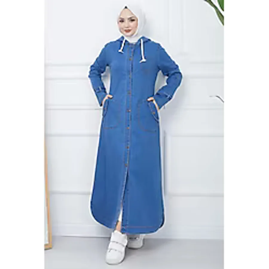 Hafsa Mina Kapşonlu Kot Kap Mavi HM2344 - 46