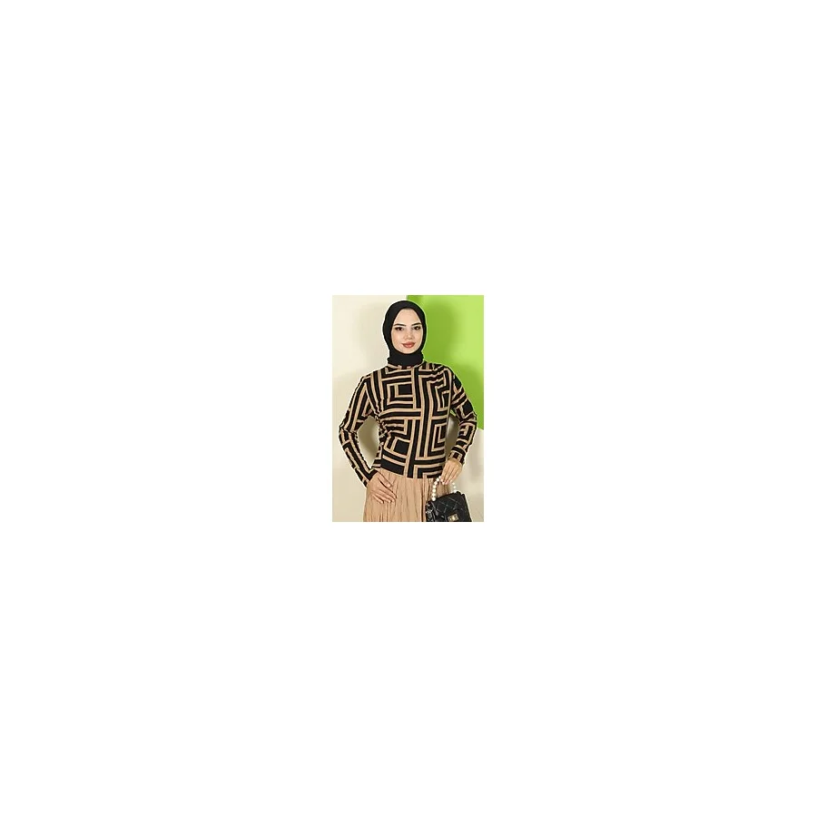 Hafsa Mina Labirent Desenli Drapeli Body Kahverengi HM2828