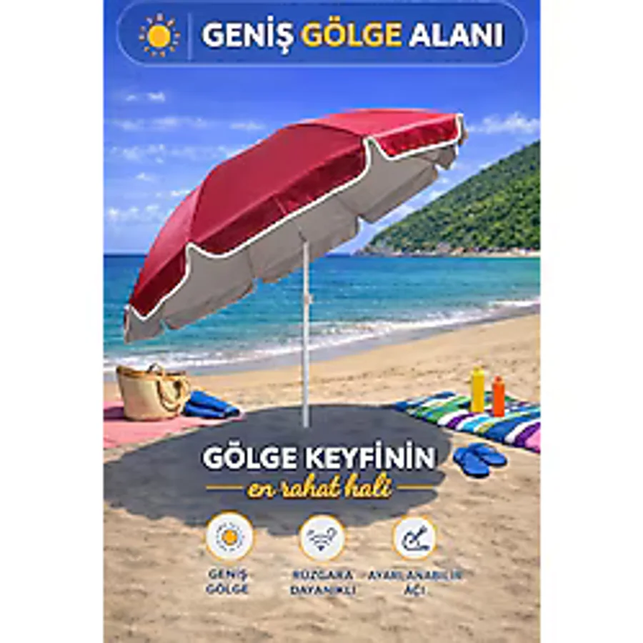 Hak-İş Oyuncak Kırmızı-Bej 200 cm Ayarlanabilir Fon Model Plaj Şemsiyesi