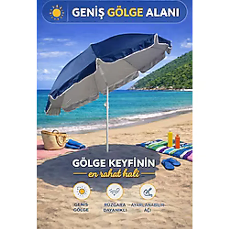 Hak-İş Oyuncak Lacivert-Bej 200 cm Ayarlanabilir Fon Model Plaj Şemsiyesi