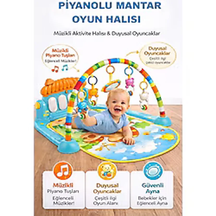 Hak-İş Oyuncak Piyanolu Mantar Desenli Bebek Oyun Halısı - 0+ Ay, Hayvan Figürlü - Mavi - 76 x 60 x 45 cm