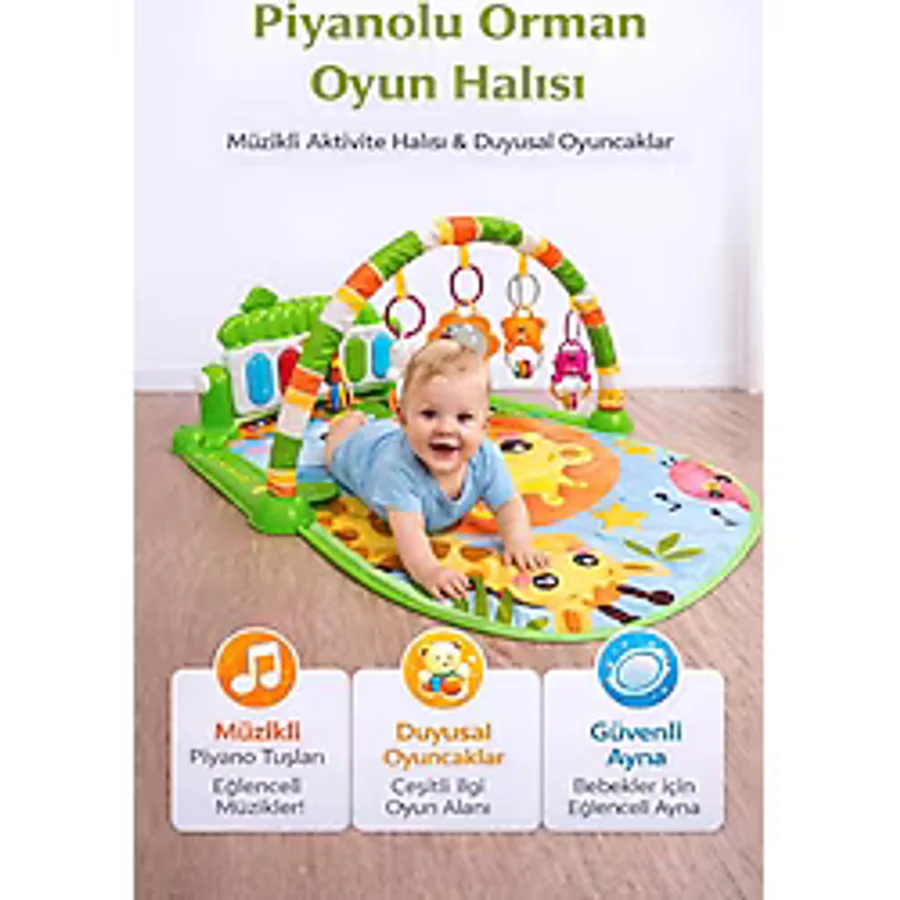 Hak-İş Oyuncak Piyanolu Orman Desenli Bebek Oyun Halısı - 0+ Ay, Hayvan Figürlü Işıklı ve Müzikli Gelişim Matı - Turuncu - 76 x 60 x 45 cm