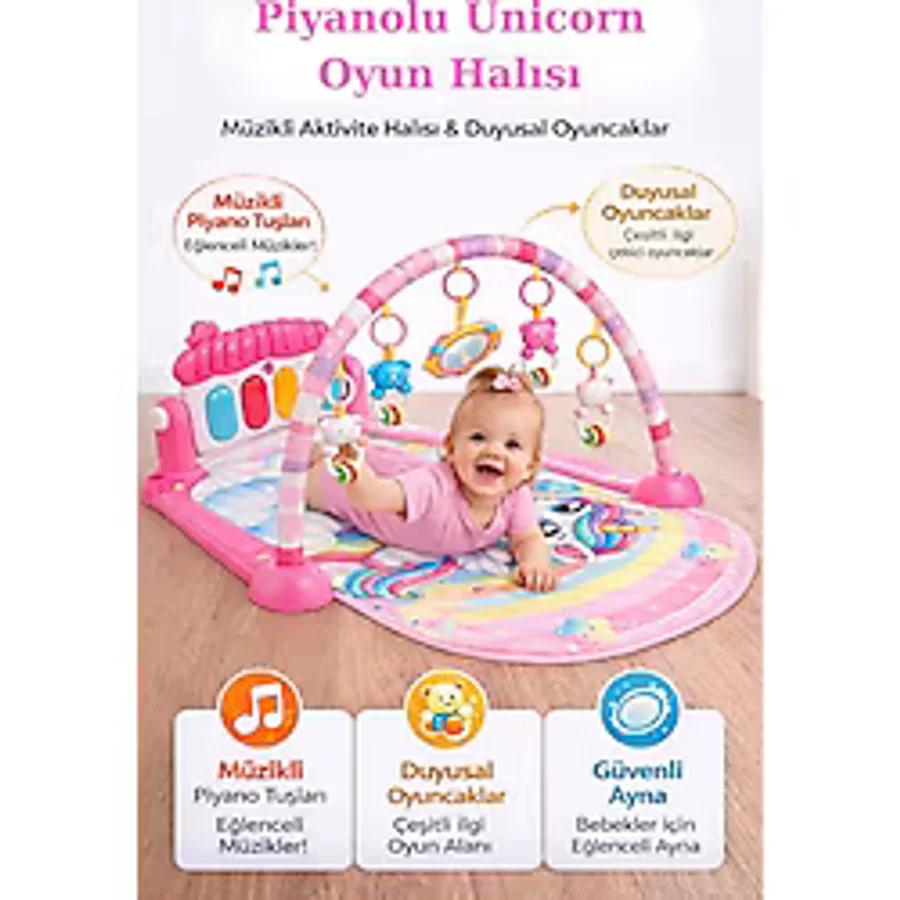 Hak-İş Oyuncak Piyanolu Unicorn Desenli Bebek Oyun Halısı - 0+ Ay, Hayvan Figürlü Işıklı ve Müzikli Gelişim Matı - Pembe - 76 x 60 x 45 cm
