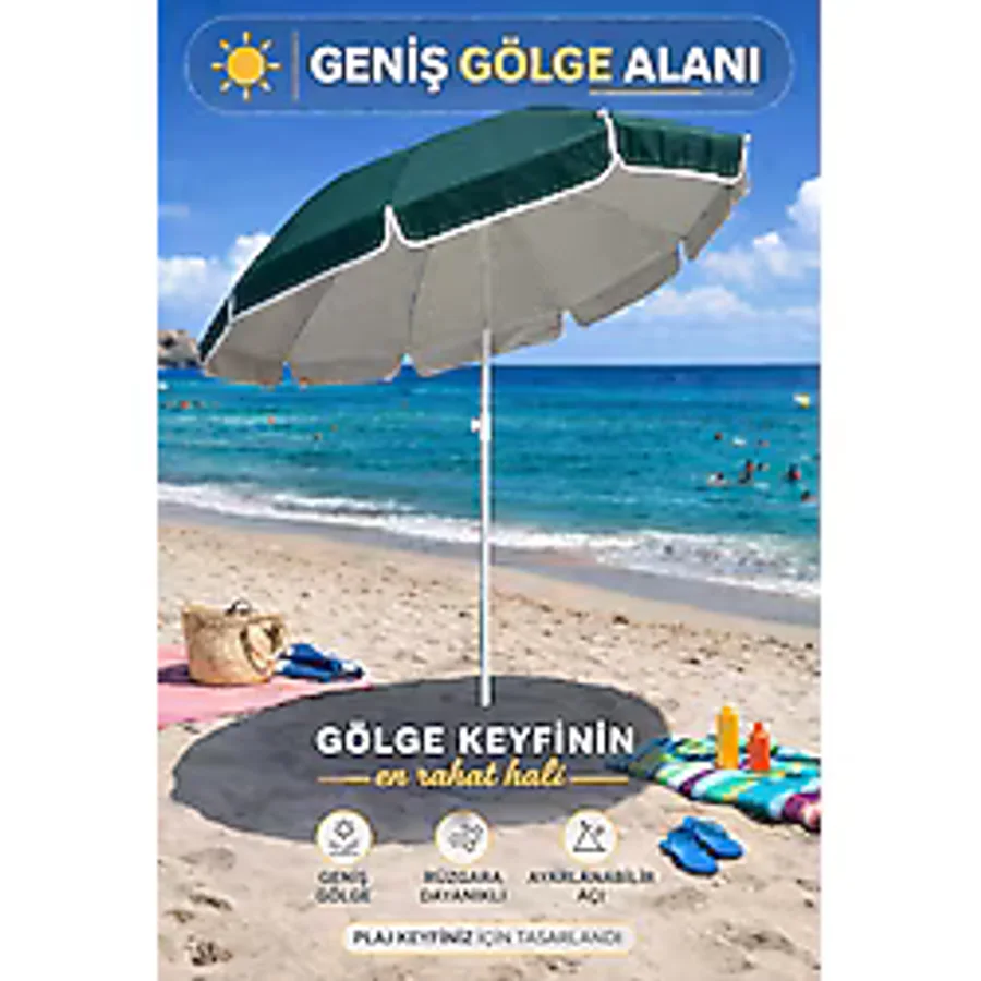 Hak-İş Oyuncak Yeşil-Bej 200 cm Ayarlanabilir Fon Model Plaj Şemsiyesi