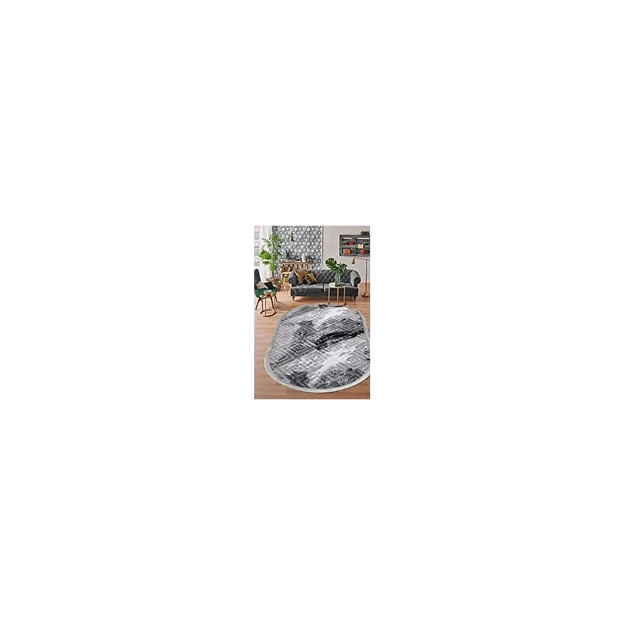 Halı Antrasit Cool Karo Saçaklı Oval Kesme Ince Yolluk Kilim Salon Halısı Modelleri