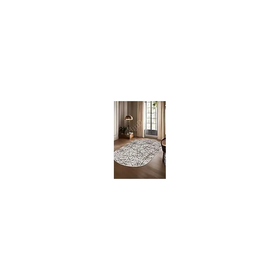 Halı Vizon Cool Karo Yıkanabilir Oval Kesme Ince Yolluk Kilim Salon Halısı Modelleri Krem