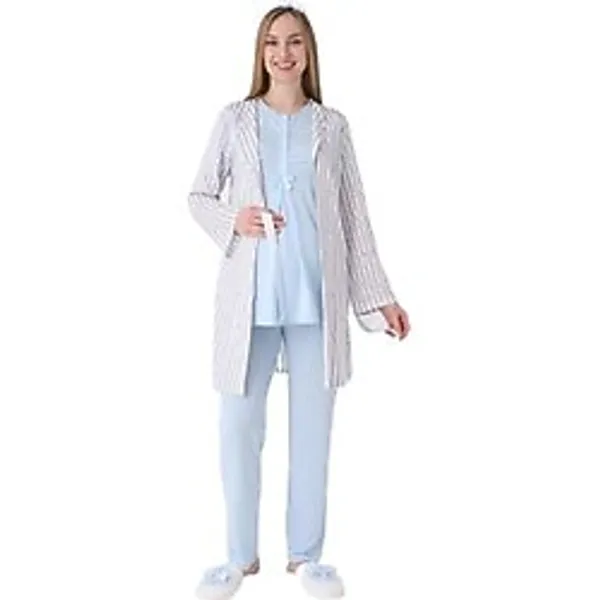 Hamile/Lohusa Pijama-Sabahlık Takımı/NefesAlan Pamuk Viskoz Kumaş/Şık Çizgili Model-3'lü Set-New3466 Mint Yeşili M Beden