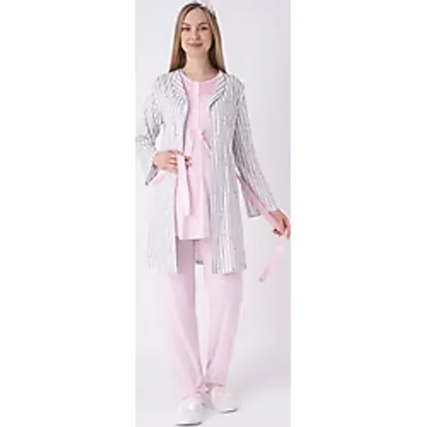 Hamile/Lohusa Pijama ve Sabahlık Takımı/Nefes Alan Pamuk Viskoz Kumaş/Şık Çizgili Model-3'lü Set Pembe M Beden