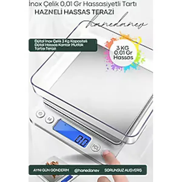 Hanedanev Dijital Inox Çelik 3 kg Kapasiteli Dijital Hassas Kantar Mutfak Tartısı Terazi