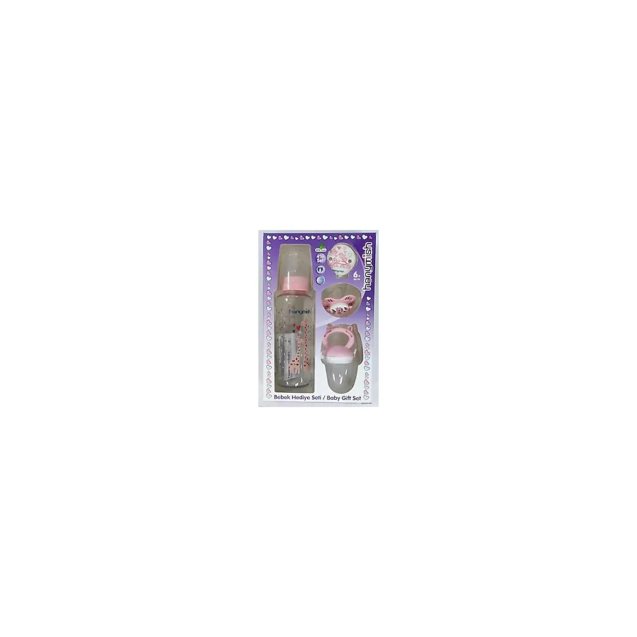 Hanymish Bebek Hediye Seti 4'lü Pembe Cam Biberon 240 ml BPA İçermez Silikon Uç