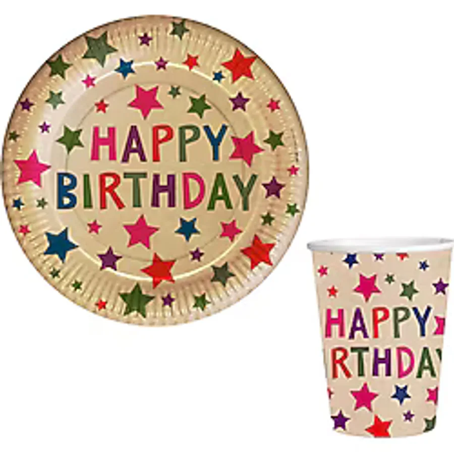 Happy Bırthday Baskılı Kraft Stars Karton Tabak Bardak 8 li
