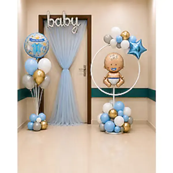 HAPPYLOOPPARTY Erkek Bebek Hastane Odası Kapı Süsü Seti Çember Standlı Baby Folyo Balon Happy Birthday Kapı Tülü 40 Parça Balon Dekorasyon Seti