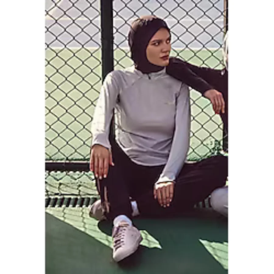 Haşema Active H-Per Cepli Uzun Kollu Fermuarlı Yaka Gri Tesettür Antrenman Tişörtü ACT-7