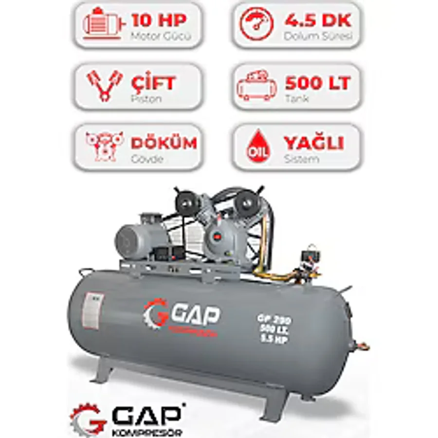Hava Kompresörü Pistonlu 500LT 2 Kafa 8 Bar 5.5hp GP290/500