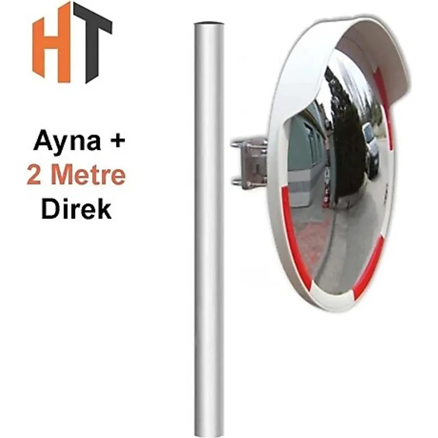 Hayat Trafik - Trafik Güvenlik Aynası 80 cm Kırmızı-Beyaz ve 2 m Galvaniz Flanşlı Direk Set