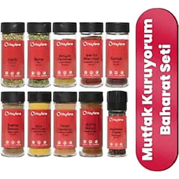 Hayfene Mutfak Kuruyorum Baharat Seti, 10 Çeşit Baharat, Nane, Kekik, Kimyon, Sumak, Karabiber, Tarçın, Köri, Köfte Baharatı, Dolma Baharatı, Pul Biber