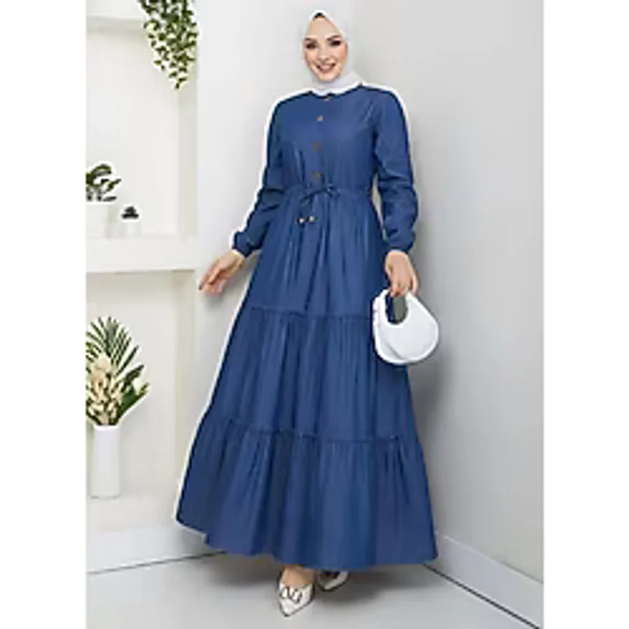 Hb Harma Time Butik Kadın Dantel Detaylı Düğmeli ve Bağcıklı Koyu Kot Mavi Elbise