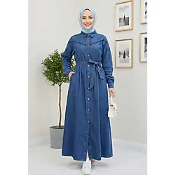 Hb Harma Time Butik Kadın Düğmeli Kuşaklı Koyu Kot Mavi Tesettür Elbise