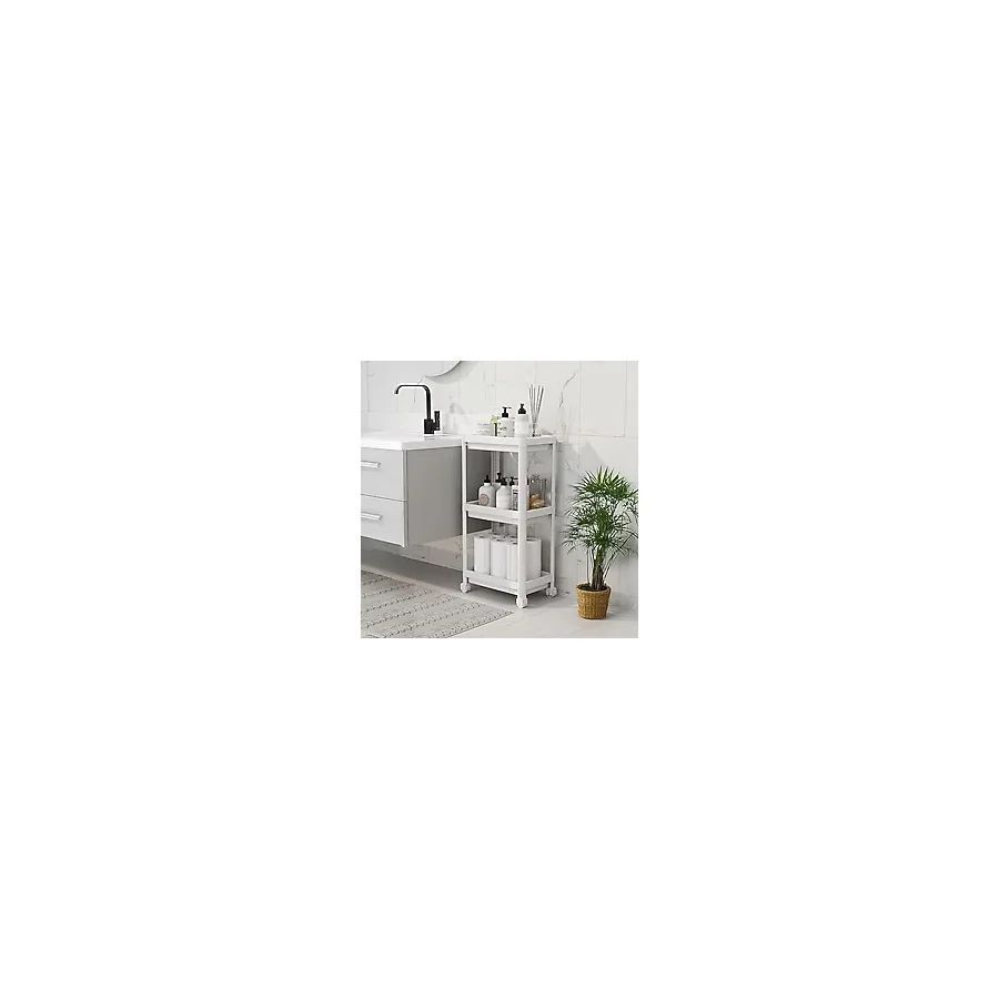 HBMB Store Peggy 3 Katlı Tekerlekli Raf Ünitesi - 36X71X23 cm Dar Alan Düzenleyici - Mutfak ve Banyo İçin Aletsiz Kurulum Servis Arabası (Beyaz - Siyah - Gri) (Beyaz) - 00 Beyaz