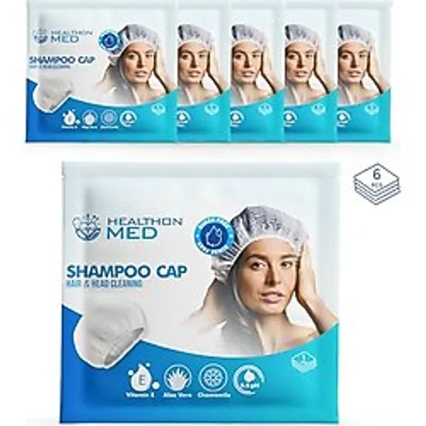 HEALTHON MED Su Kullanmadan Saç Temizleme Şampuan Bonesi (6'lı Paket)-Kamp, Seyahat ve Hasta Bakımı İçin Uygun, Durulama Gerektirmeyen Aloe Vera İçerikli Şaç Yıkama Bonesi