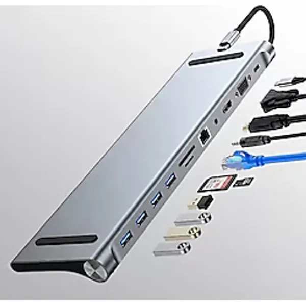 Heartz 11'i 1 Arada Usb-C Çoklayıcı Dock Istasyonu 4K Hdmı, Vga, RJ45 Ethernet, Pd 100W, 4x USB 3.0, Sd/tf Kart Okuyucu, 3.5mm Ses Girişi Alüminyum Gövde