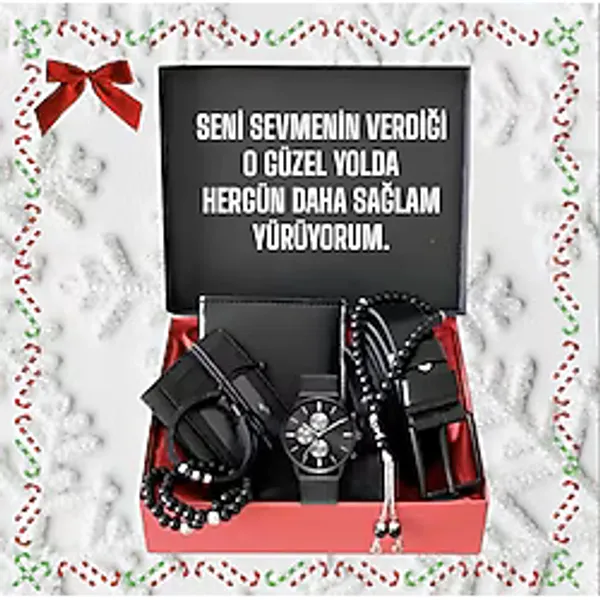 Hediye Seti Erkek Siyah Kol Saati -Kemer -Kartlık -Cüzdan -Tesbih -3 Adet Bileklik