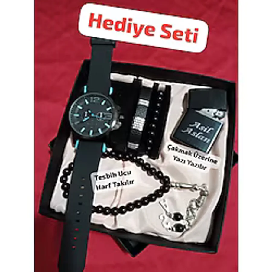 Hediyelik Özel Kutulu Erkek Kombin Saat Seti Çakmak Tesbih Bileklikler Hediye Seti - 6042 - 40 cm