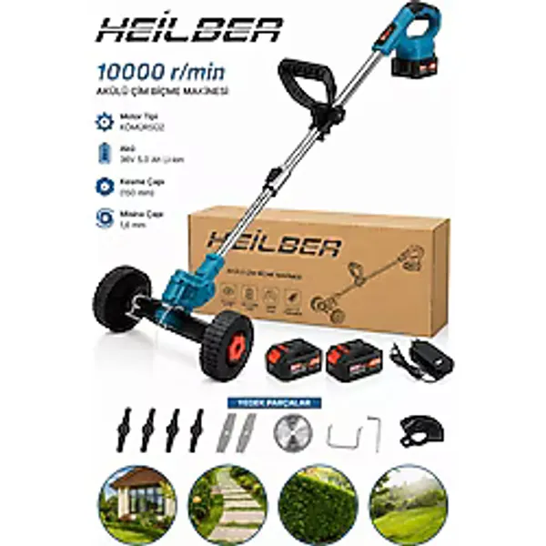 HEİLBER BA011531 Tekerlekli Akülü Çim Biçme Makinesi 36V Çift Akülü Kömürsüz Motor Misinalı Tırpan Ot Kesme