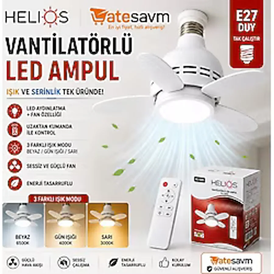 Helios Uzaktan Kumandalı Vantilatörlü LED Ampul E27 Duy Beyaz 3 Modlu 42 cm Tavan Tipi Lamba