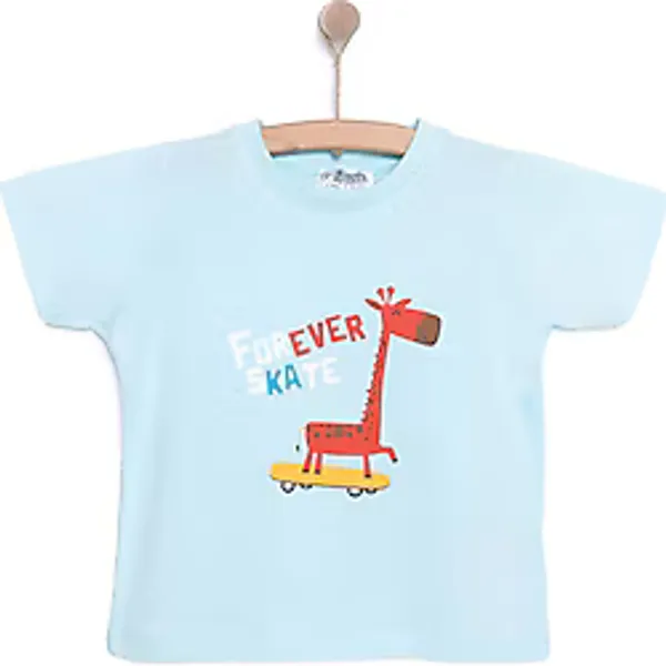 HelloBaby Erkek Bebek Basic Tişört Zürafa Desenli Bisiklet Yaka Kısa Kol Açık Mavi 9 Ay