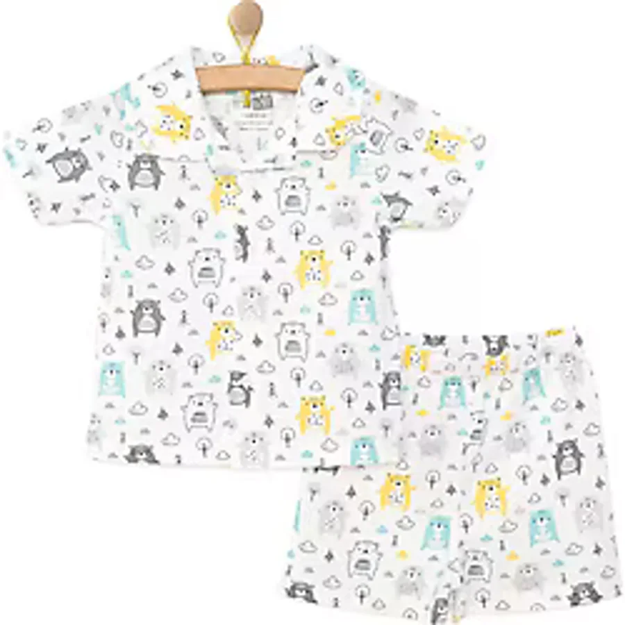 HelloBaby Erkek Bebek Pijama Takım Düğmeli Kapüşonlu Yaka Kısa Kol