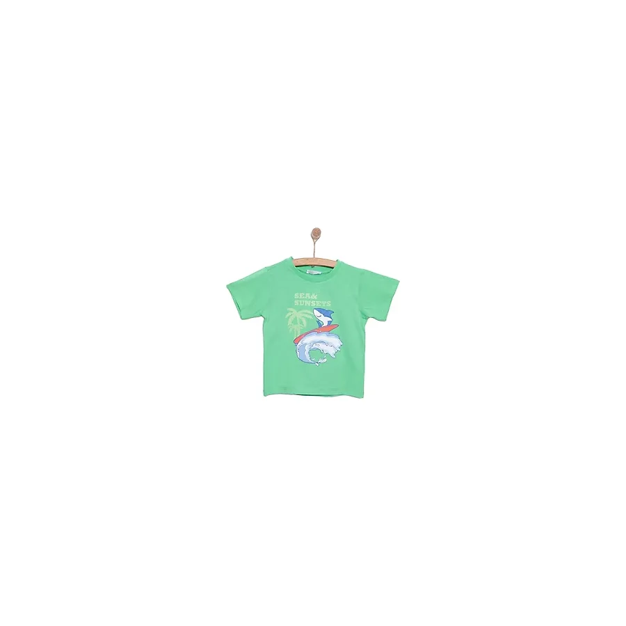 HelloBaby Erkek Bebek Tişört Baby Shark Bisiklet Yaka Kısa Kol Yeşil